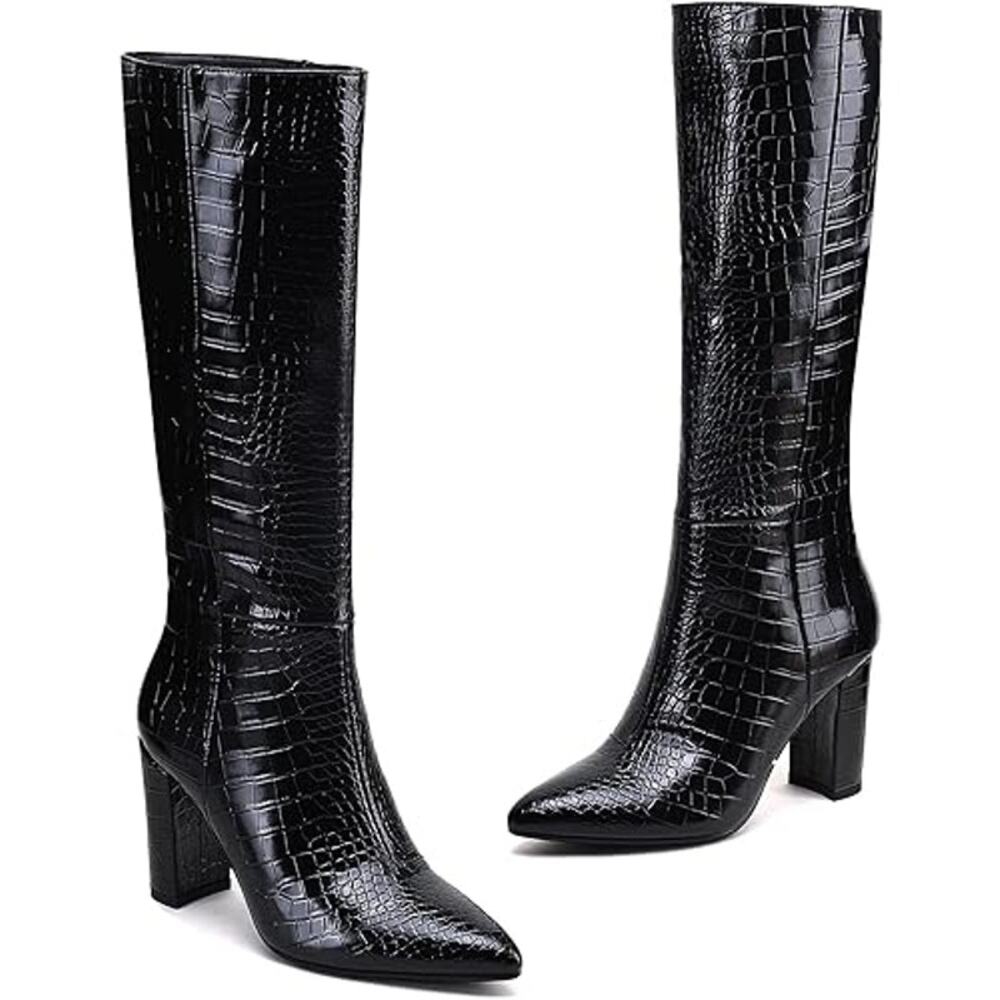 Modatope Women's Black Faux Croc Knee High Boots Chunky Heel Tall Boots Size 8.5